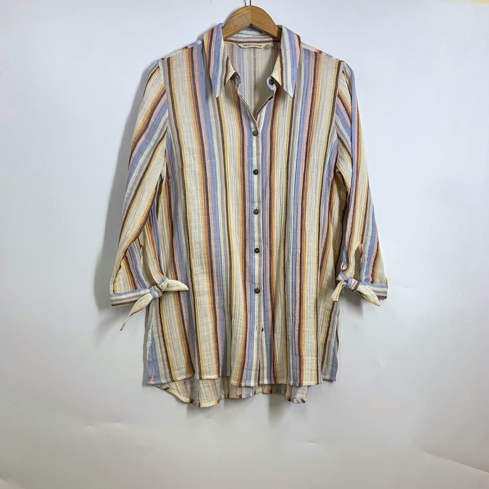 Soft Surroundings Gauze Rainbow‎ Striped Striped Button Down Shirt Women's M